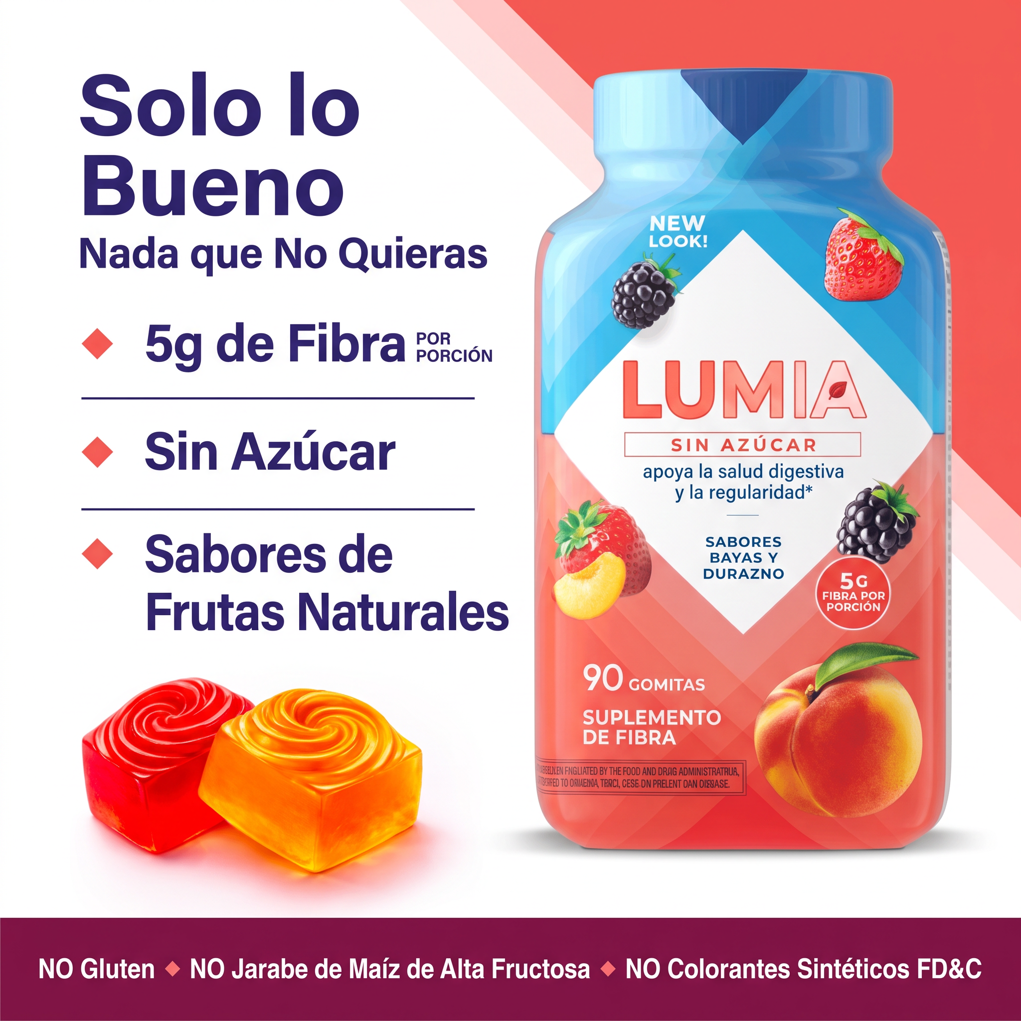 Gominolas LUMIA de fibra con sabor a frutos del bosque y melocotón - 5g 90 gominolas